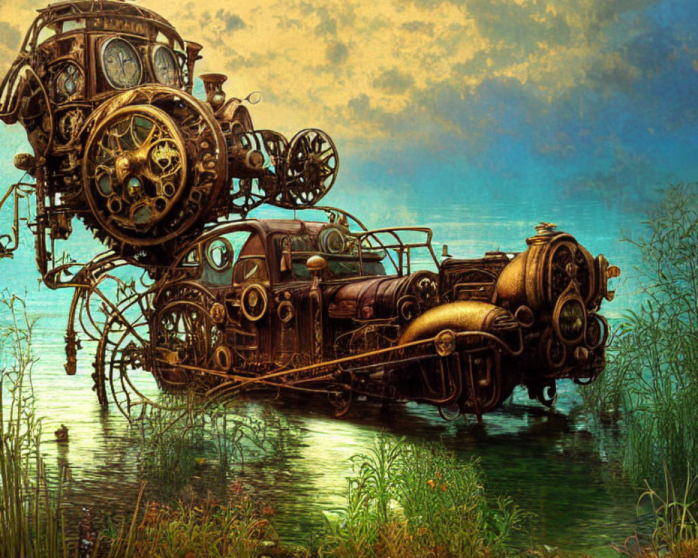 Intricate steampunk submarine in tranquil lake