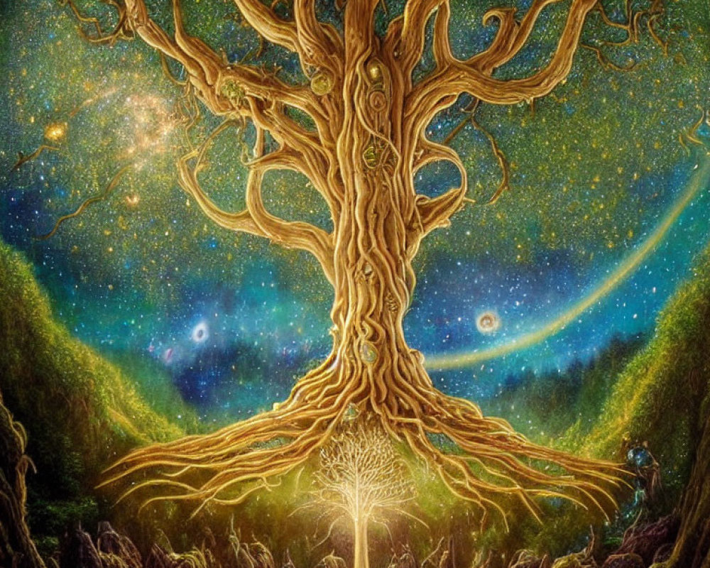 Detailed fantasy landscape with glowing tree roots and cosmic elements
