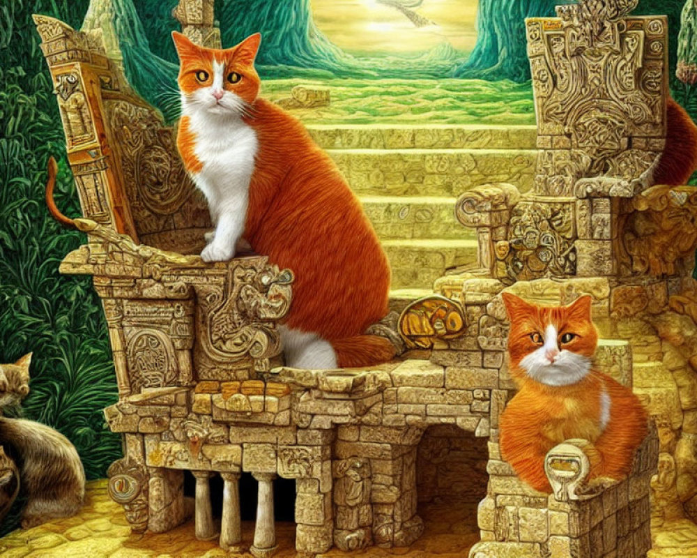Multiple Cats in Mystical Jungle with Ancient Ruins and Ginger Cat on Stone Throne
