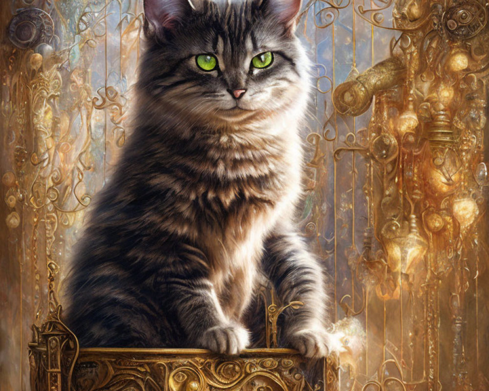 Fluffy tabby cat with green eyes in mystical golden background