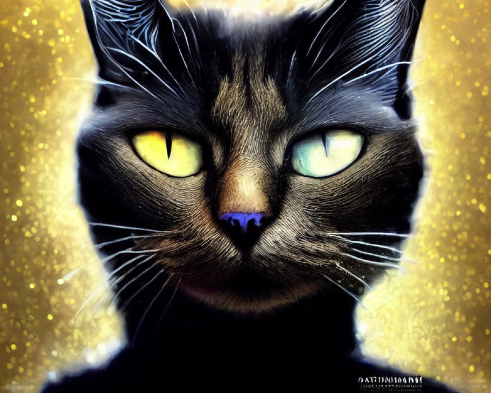 Close-Up Digital Artwork: Black Cat with Yellow Eyes and Golden Glow