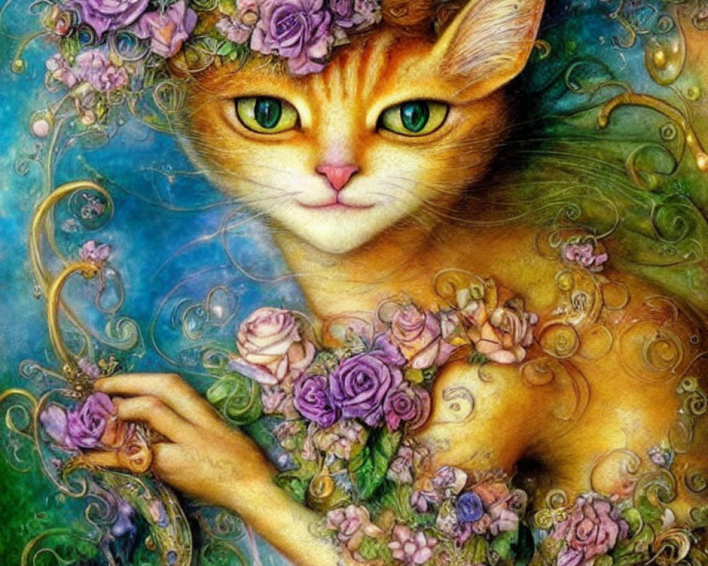 Orange Tabby Cat with Green Eyes Wearing Crown of Purple Roses on Swirling Blue Background