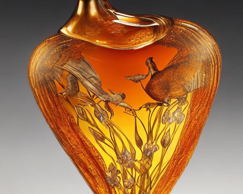 Amber Glass Vase with Bird and Floral Designs