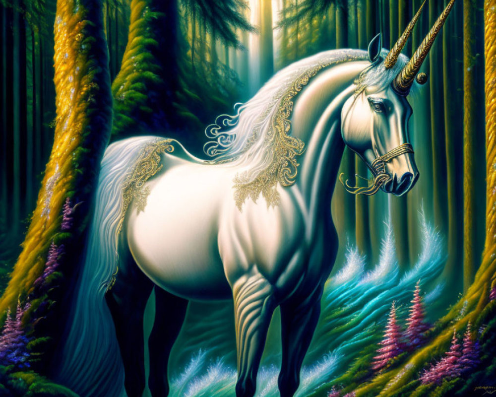 Majestic unicorn with golden mane and horn in enchanted forest