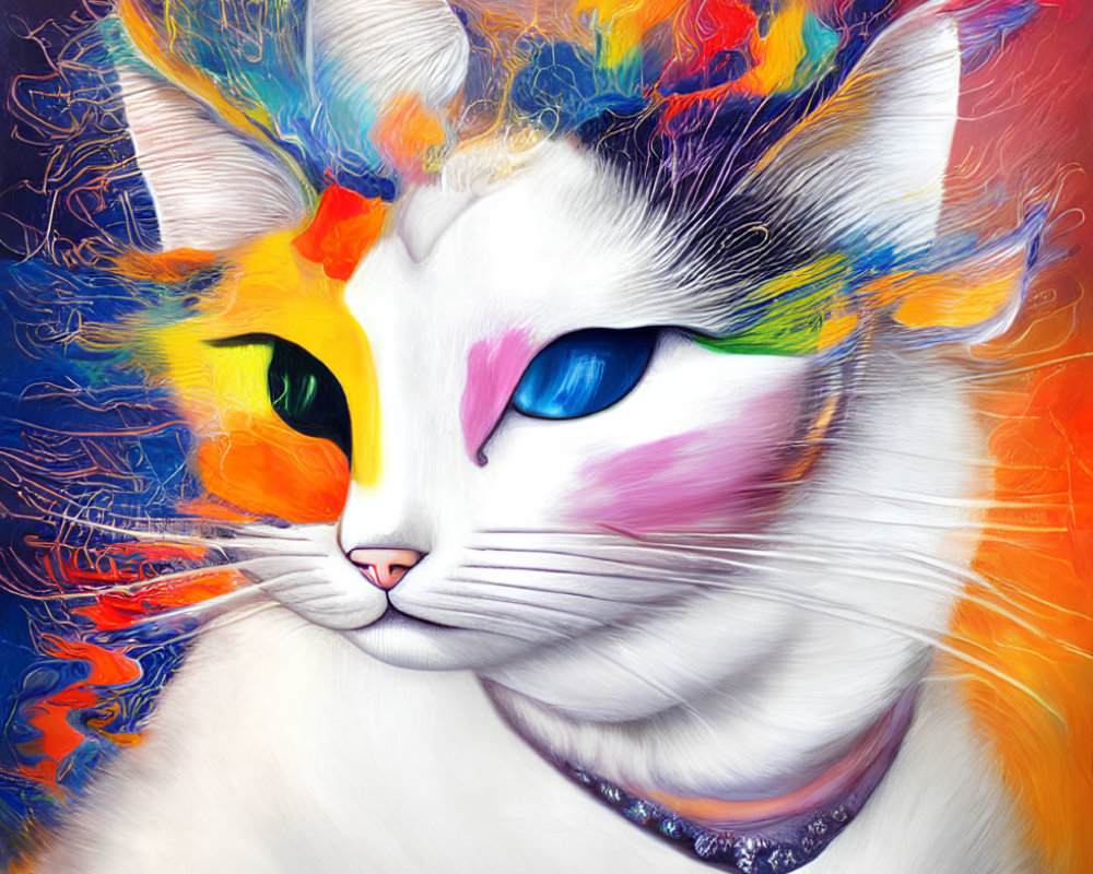 Colorful Digital Painting of White Cat with Neon Swirls & Yin-Yang Collar