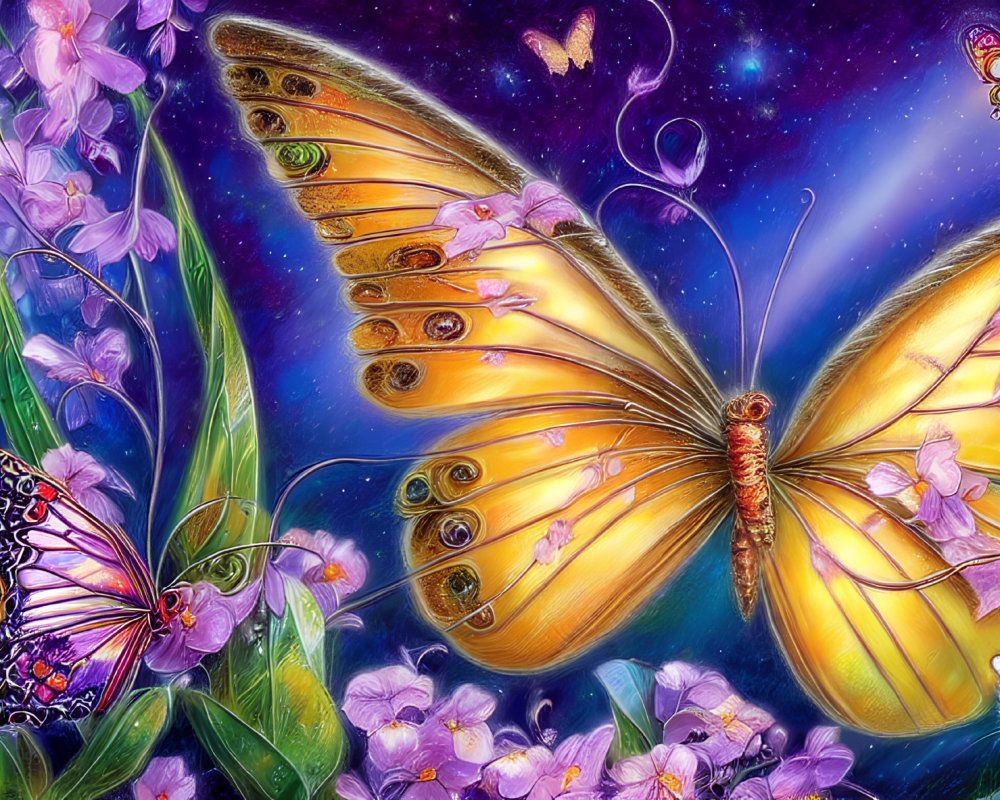 Golden butterfly artwork with intricate wing patterns and cosmic background