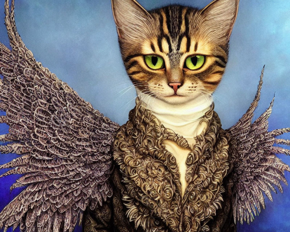 Cat with Feathered Wings in Regal Attire on Blue Gradient Background