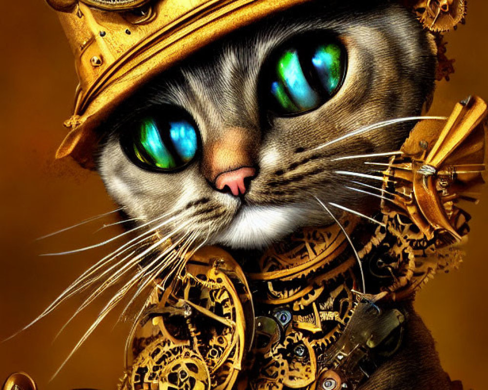 Steampunk-inspired cat with green eyes in brass hat and armor