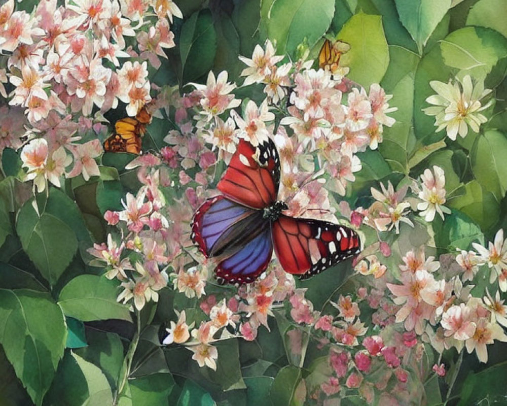 Colorful butterfly on red and black wings among pink blossoms
