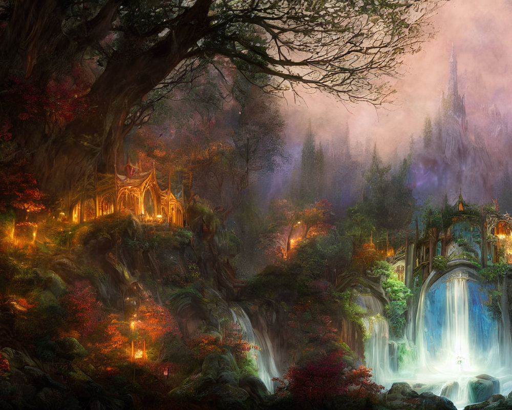 Enchanted forest with glowing castle, trees, waterfalls, and mist at twilight