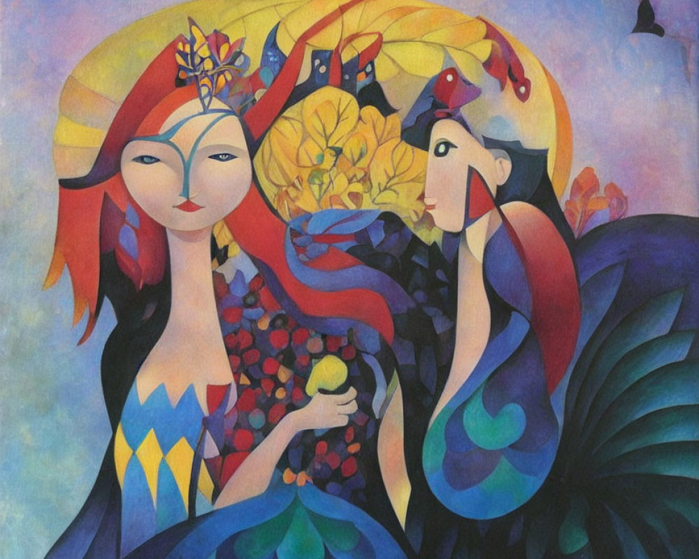 Colorful Cubist Style Painting of Two Women with Apple and Flowers