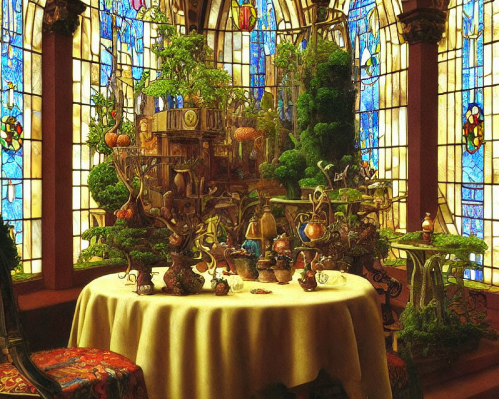 Sunlit Room with Vintage Tea Set and Stained Glass Windows