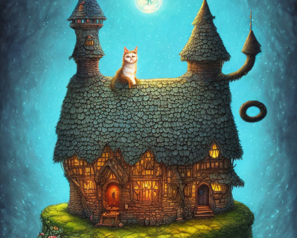 Orange Cat on Fairy-Tale Cottage Under Moonlit Sky