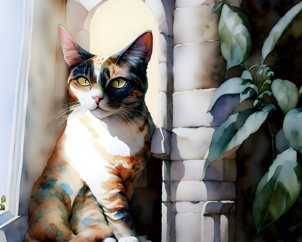 Calico Cat with Vivid Markings Beside Stone Entryway and Plant