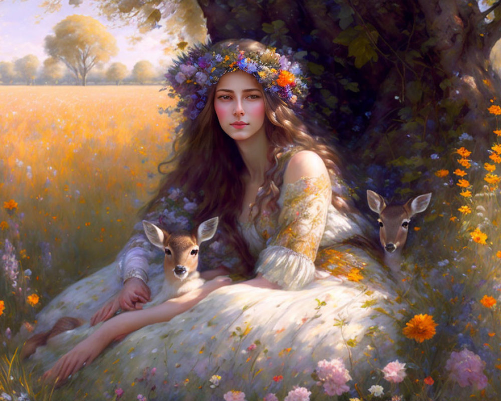 Woman with floral wreath in sunlit meadow with deer - serene fairytale scene