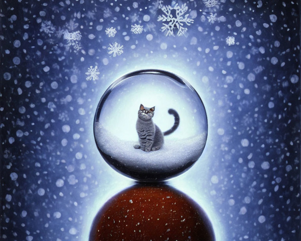 Snow Globe Cat Sitting in Winter Wonderland Scene