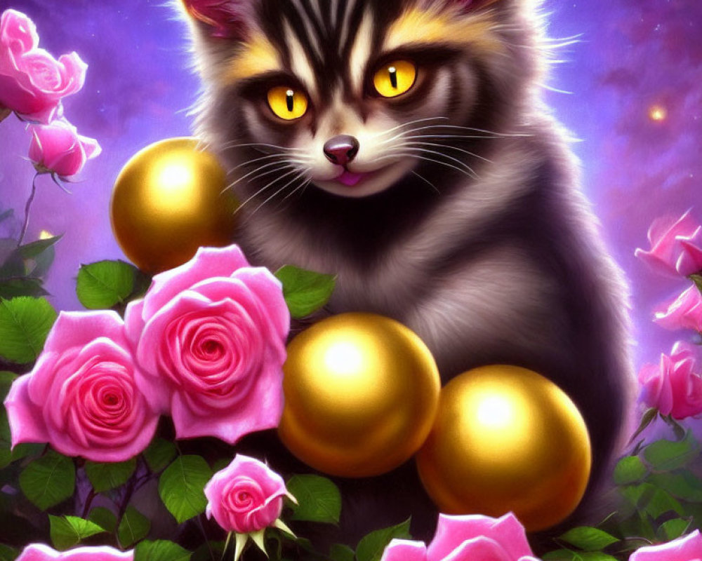 Fluffy cat with yellow eyes among pink roses and golden orbs on purple background