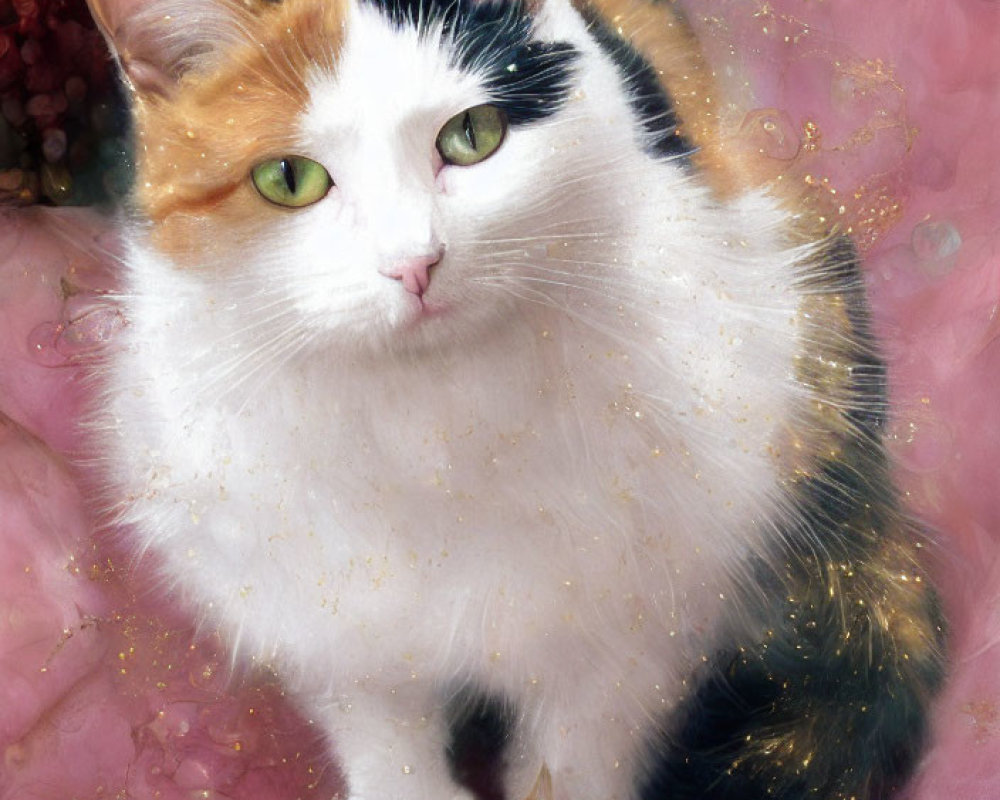 Calico Cat with Green Eyes on Pink and Multi-Colored Background