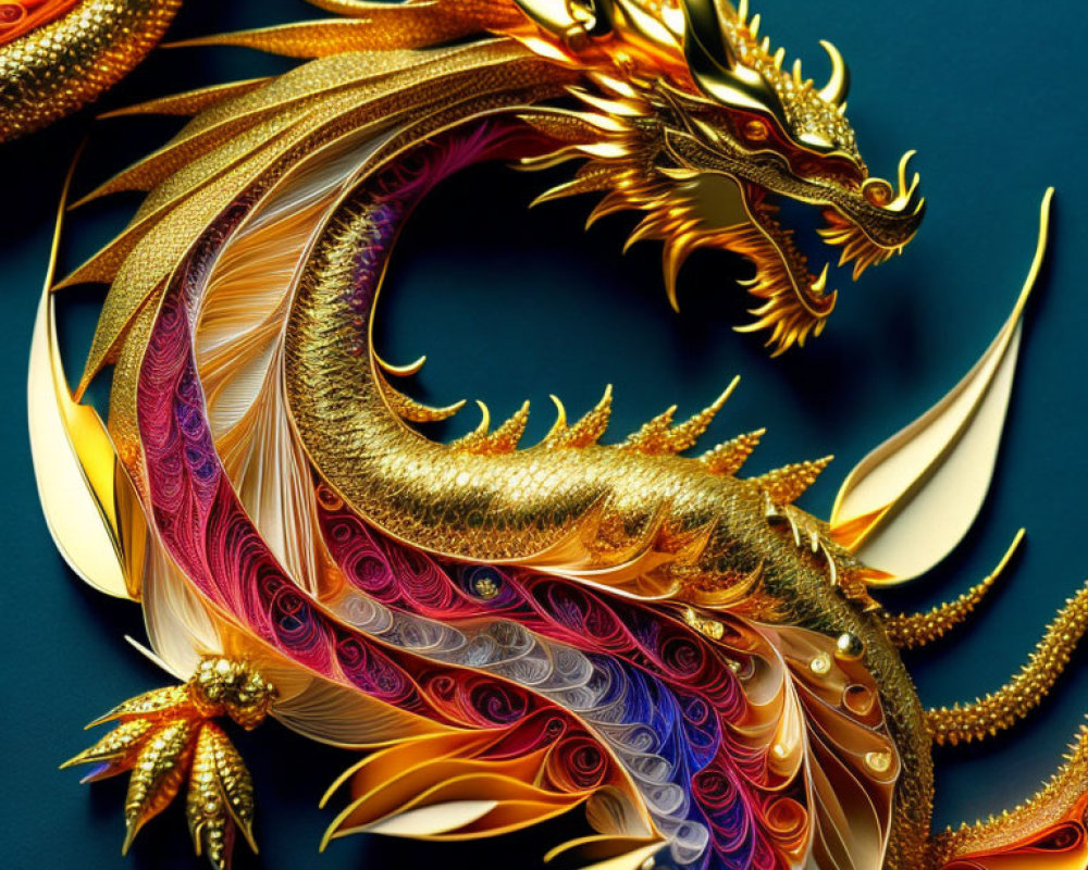 Golden dragon with colorful mane on dark teal background