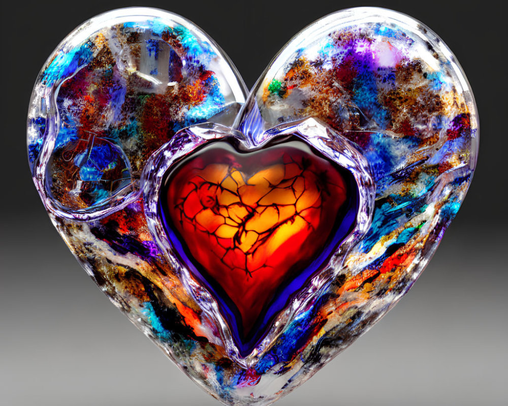 Colorful Heart-shaped Translucent Sculpture with Smaller Red Heart