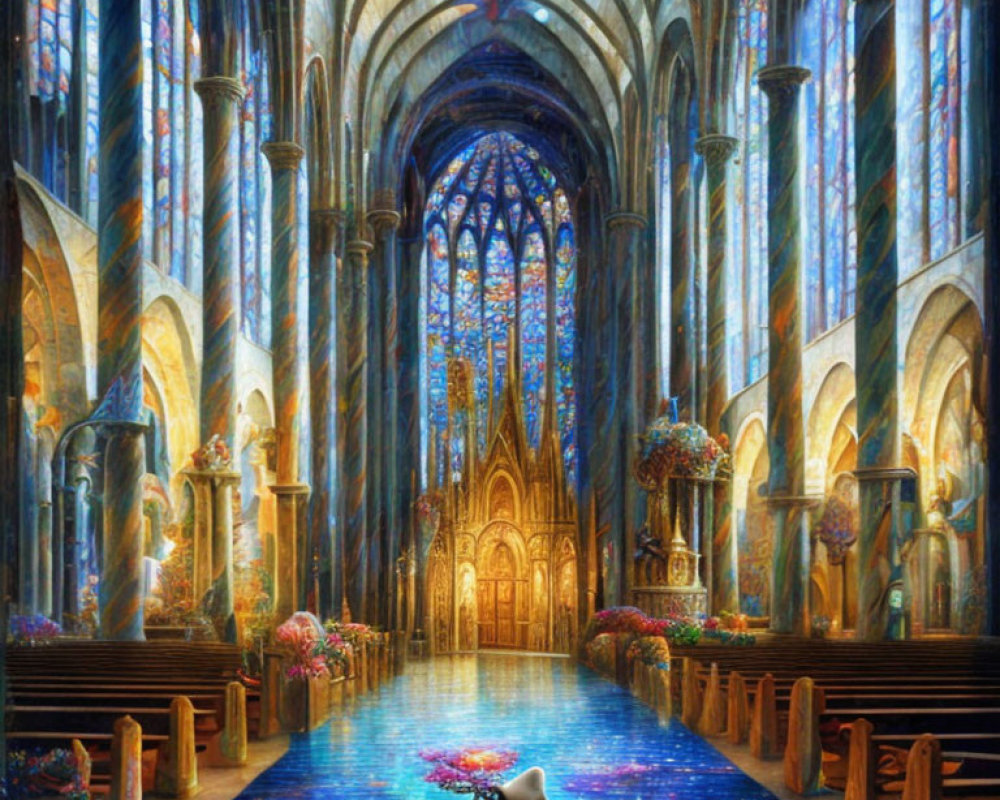 Cathedral interior with stained glass windows and cartoon cat figure
