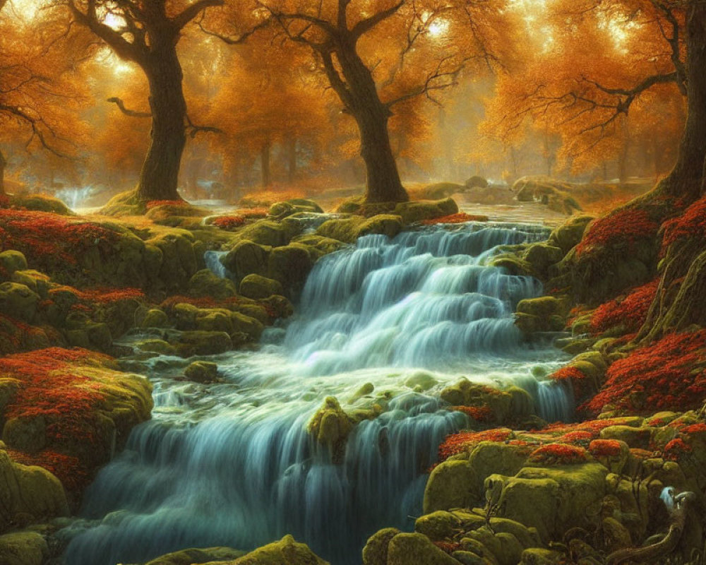 Vibrant autumn forest with cascading waterfall and golden light