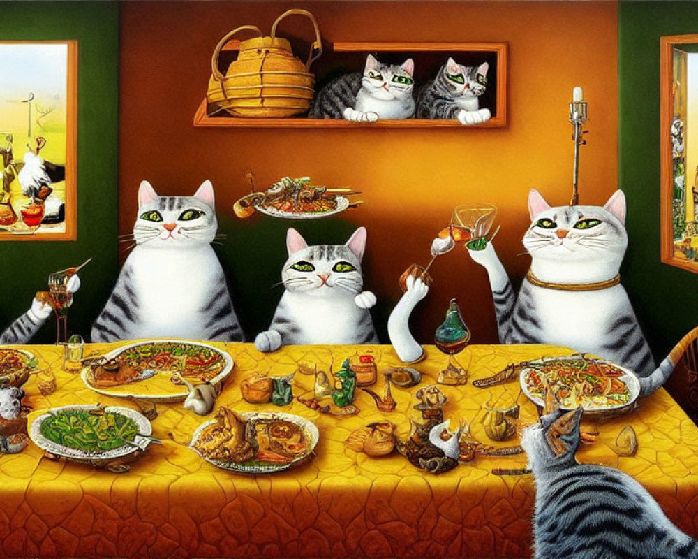 Anthropomorphic Cats Dining with Paintings and Decor