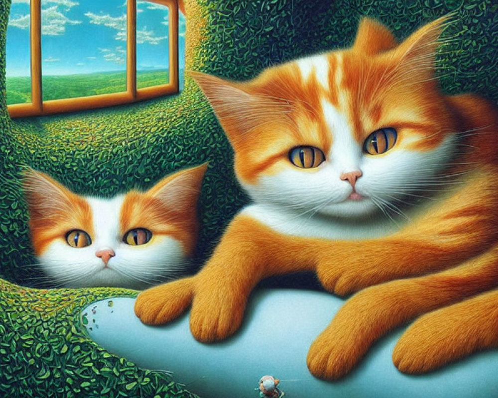 Two orange and white cats with striking eyes in surreal green landscape.