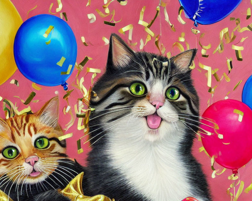 Illustrated cats with expressive faces and party hat surrounded by colorful balloons and confetti