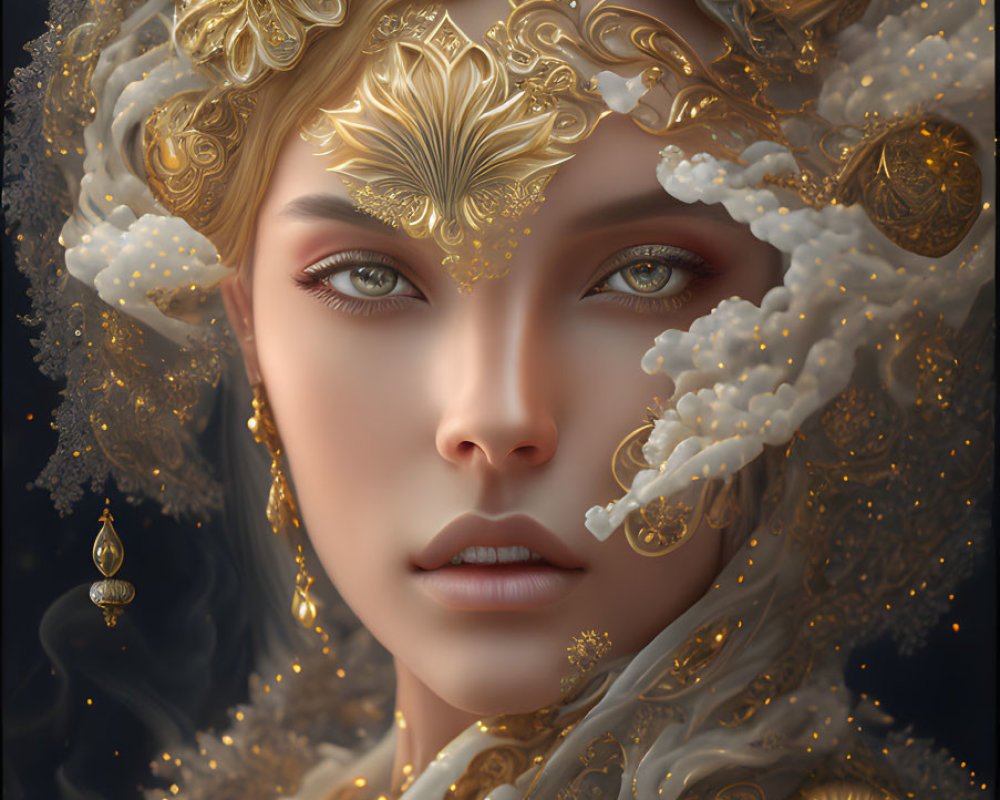 Golden ornate headdress and intricate jewelry on fantasy figure with serene gaze
