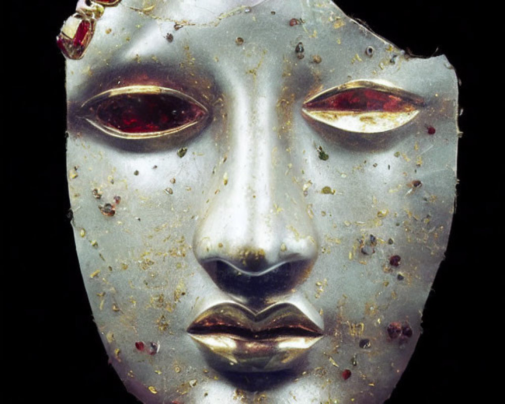 Ancient Metallic Mask with Ruby Eyes and Gold Leaf Remnants