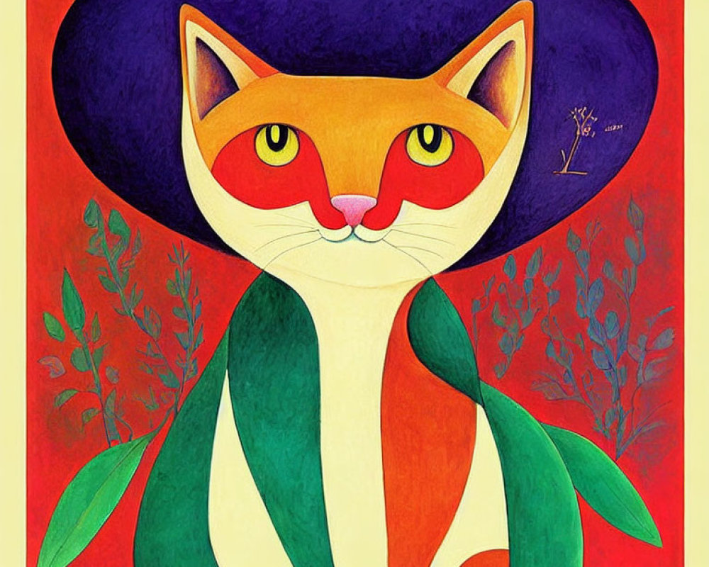 Colorful Whimsical Cat Illustration with Purple Hat and Floral Background