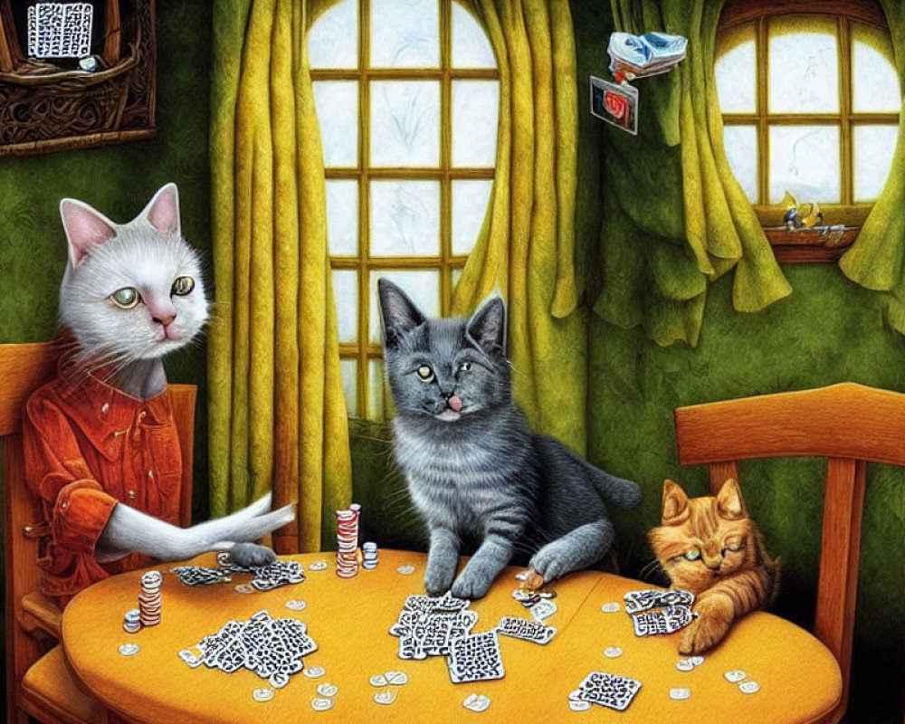 Anthropomorphic cats playing poker in a cozy room