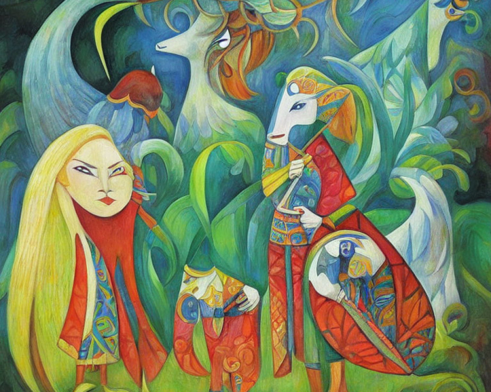 Colorful painting of human figures with animal-like faces in red and blue attire on a swirling green background