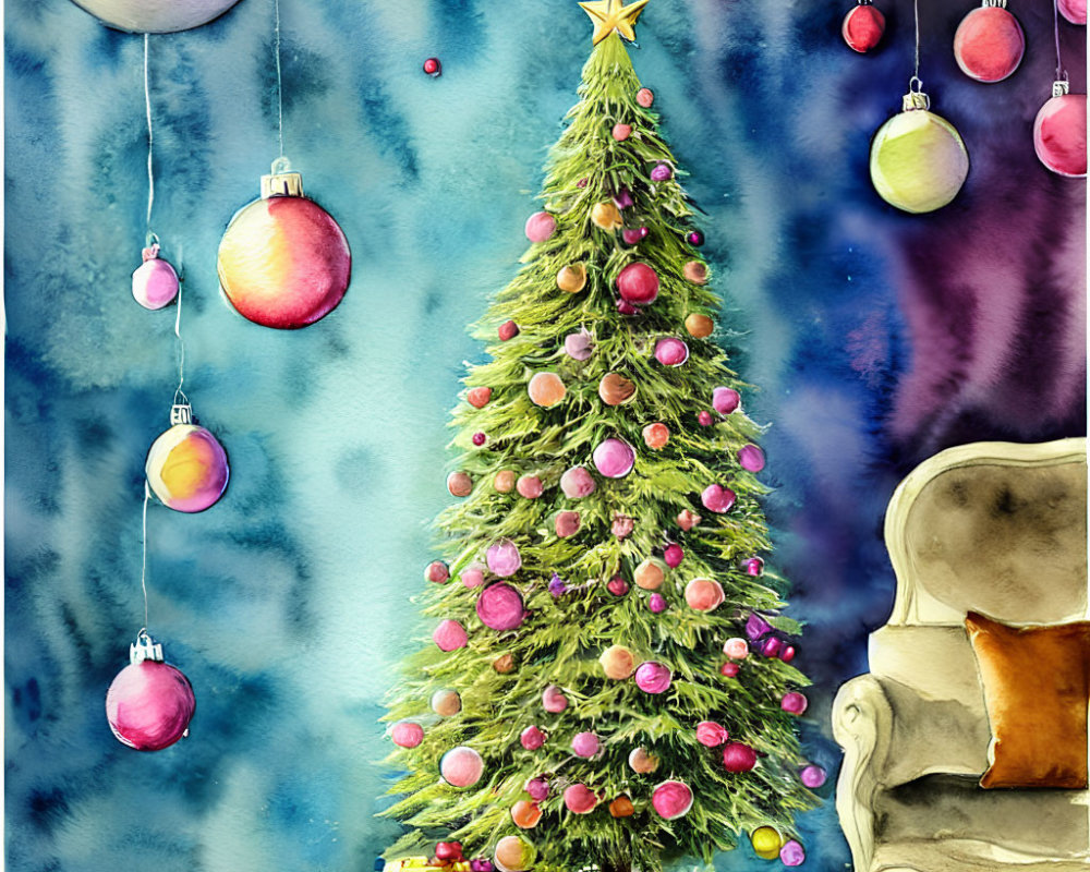 Vibrant Watercolor Painting of Festive Christmas Scene