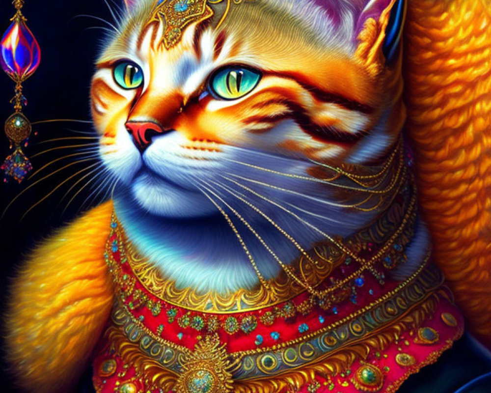 Regal cat in royal attire with golden jewelry on deep blue background