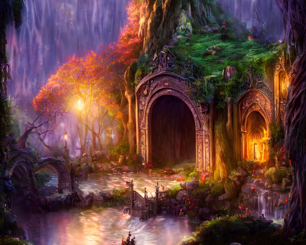 Fantasy landscape with waterfall, lush trees, mystical doorways, glowing tree, and serene river.