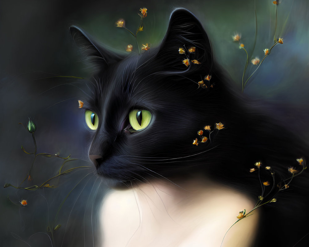 Digital painting of black cat with green eyes and orange flowers on blurred background