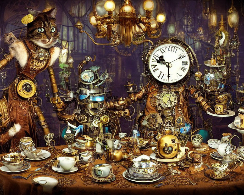 Steampunk-themed anthropomorphic cat with mechanical devices and teacups.