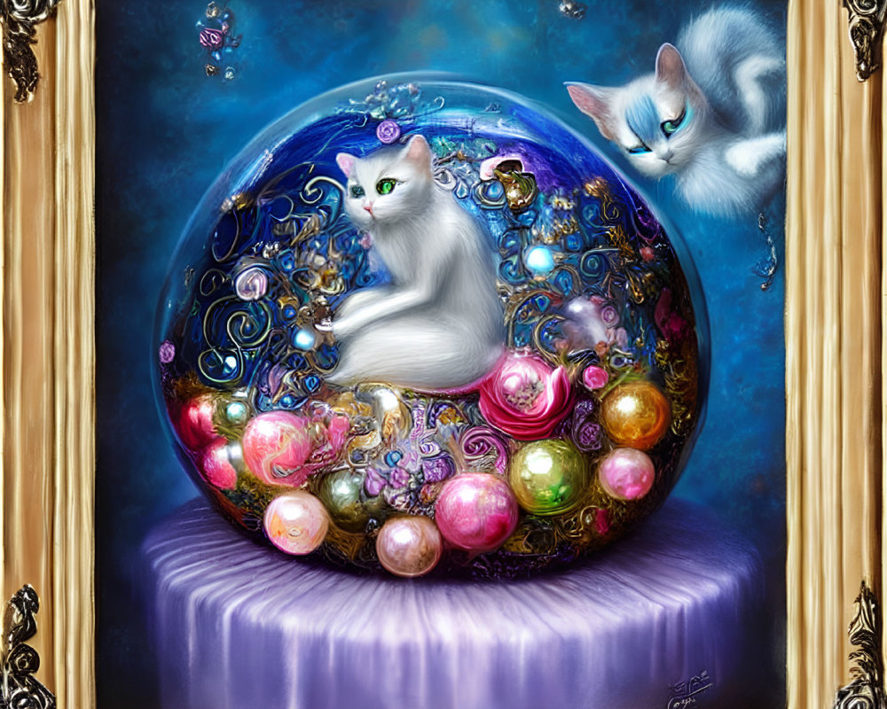 Fantasy painting of two white cats with ornate orb, gold frame, blue backdrop