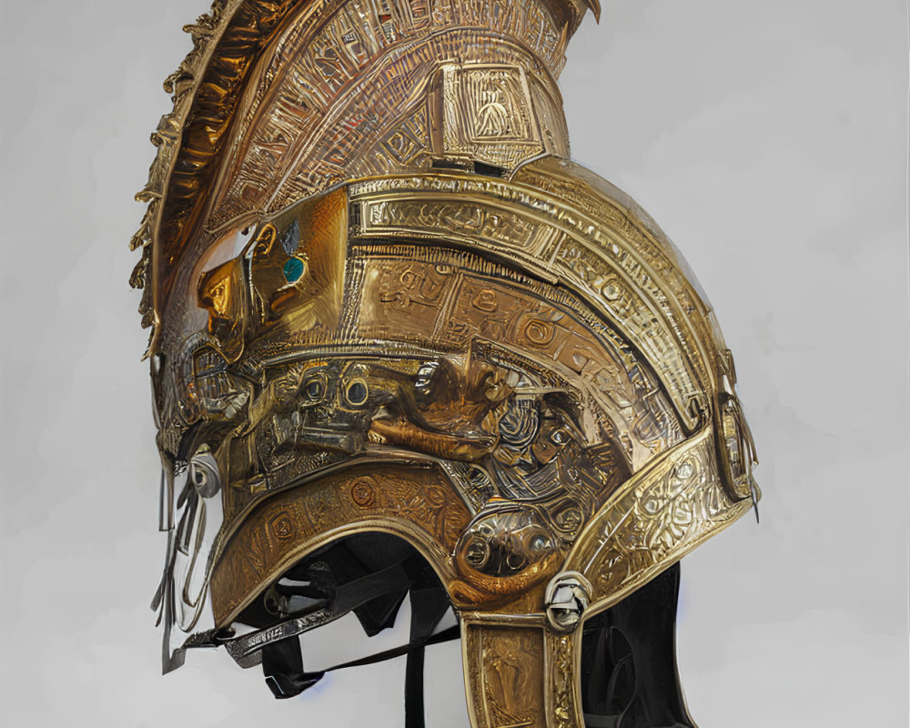 Golden ceremonial helmet with intricate relief patterns and spike crest on white background