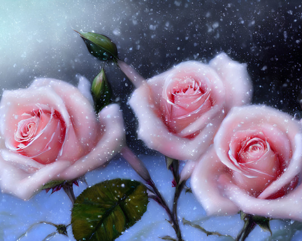 Three Pale Pink Roses Covered in Soft Snowflakes on Snowy Background