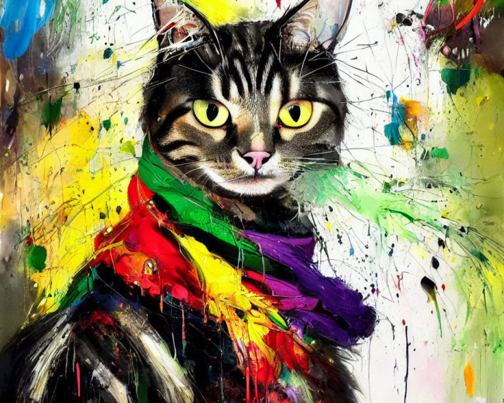 Vibrant cat painting with yellow eyes on colorful background