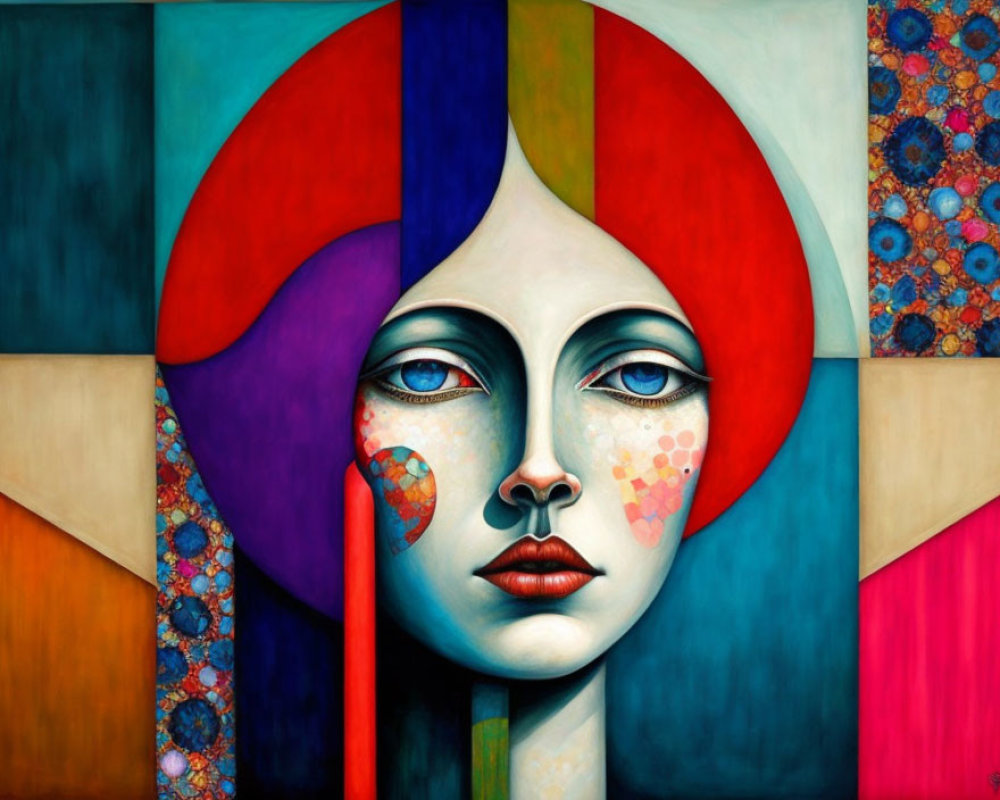 Vibrant surrealist portrait of a woman with geometric and floral patterns