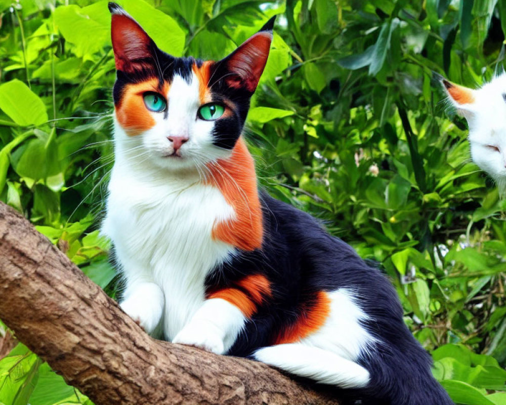 Tricolor cats on tree branch with vibrant green foliage.