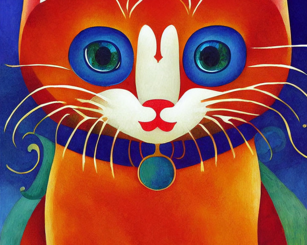 Colorful illustration of orange cat with large blue eyes, white facial features, blue pendant, and styl