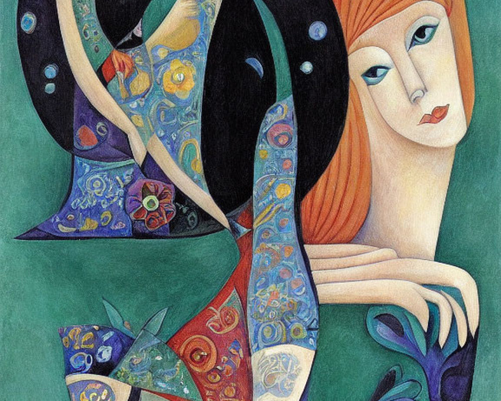Colorful painting of woman with red hair and abstract peacocks.