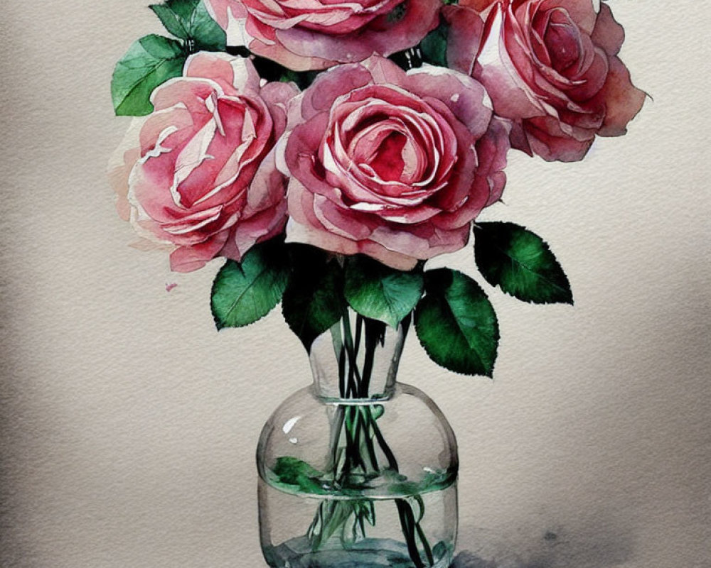 Pink Roses Bouquet in Glass Vase Watercolor Painting on Light Background