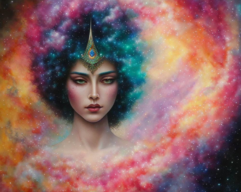 Cosmic nebula colors frame mystical woman's serene face