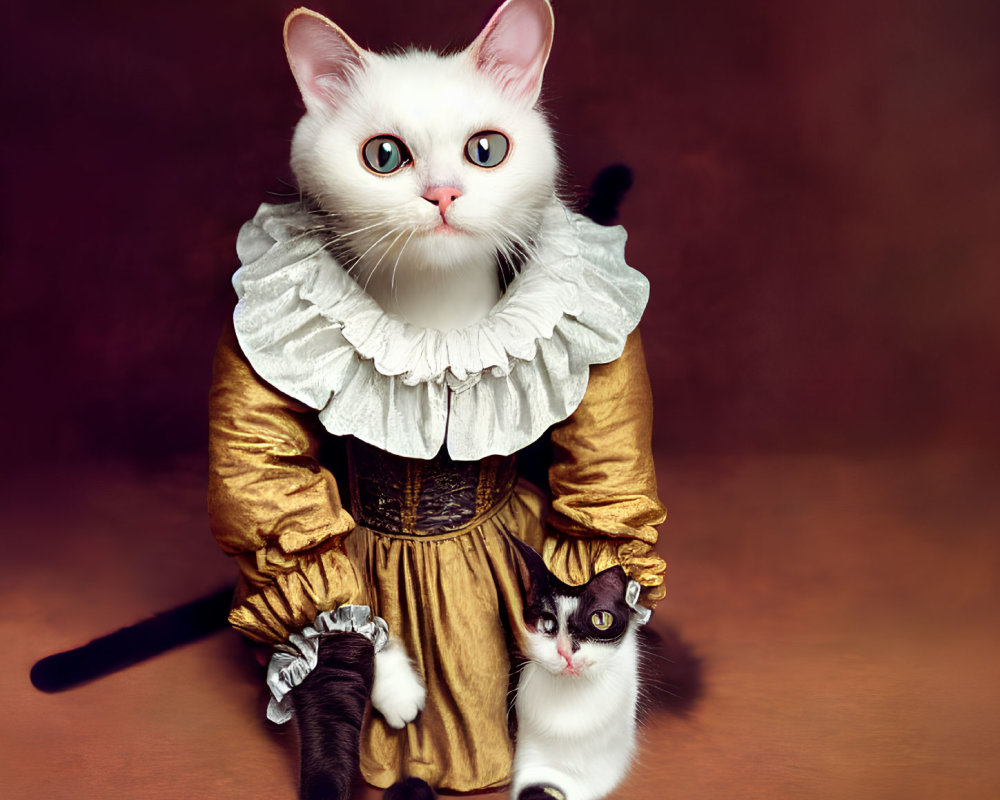 Cat with Oversized Human-Like Body in Historical Attire Holding Smaller Cat